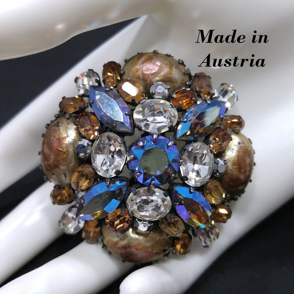 Austrian Brooch, Topaz Clear Rhinestones, Faux Baroque Pearls, 1950s Vintage